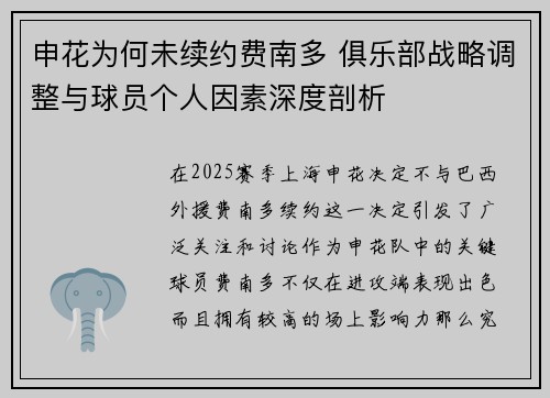 申花为何未续约费南多 俱乐部战略调整与球员个人因素深度剖析