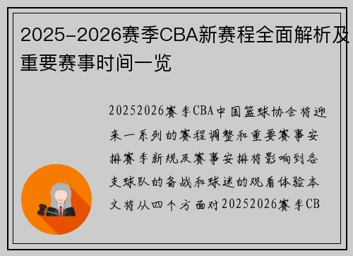 2025-2026赛季CBA新赛程全面解析及重要赛事时间一览